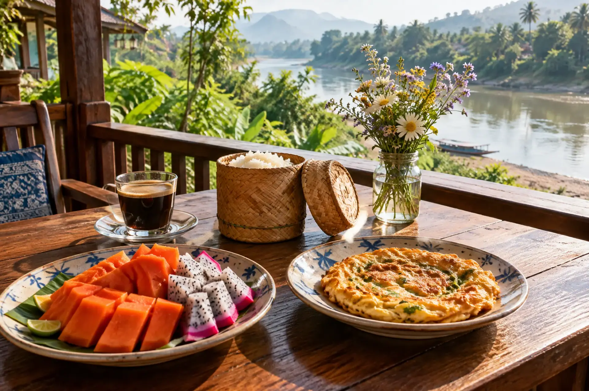 Lao breakfast on the veranda above the Nam Khan