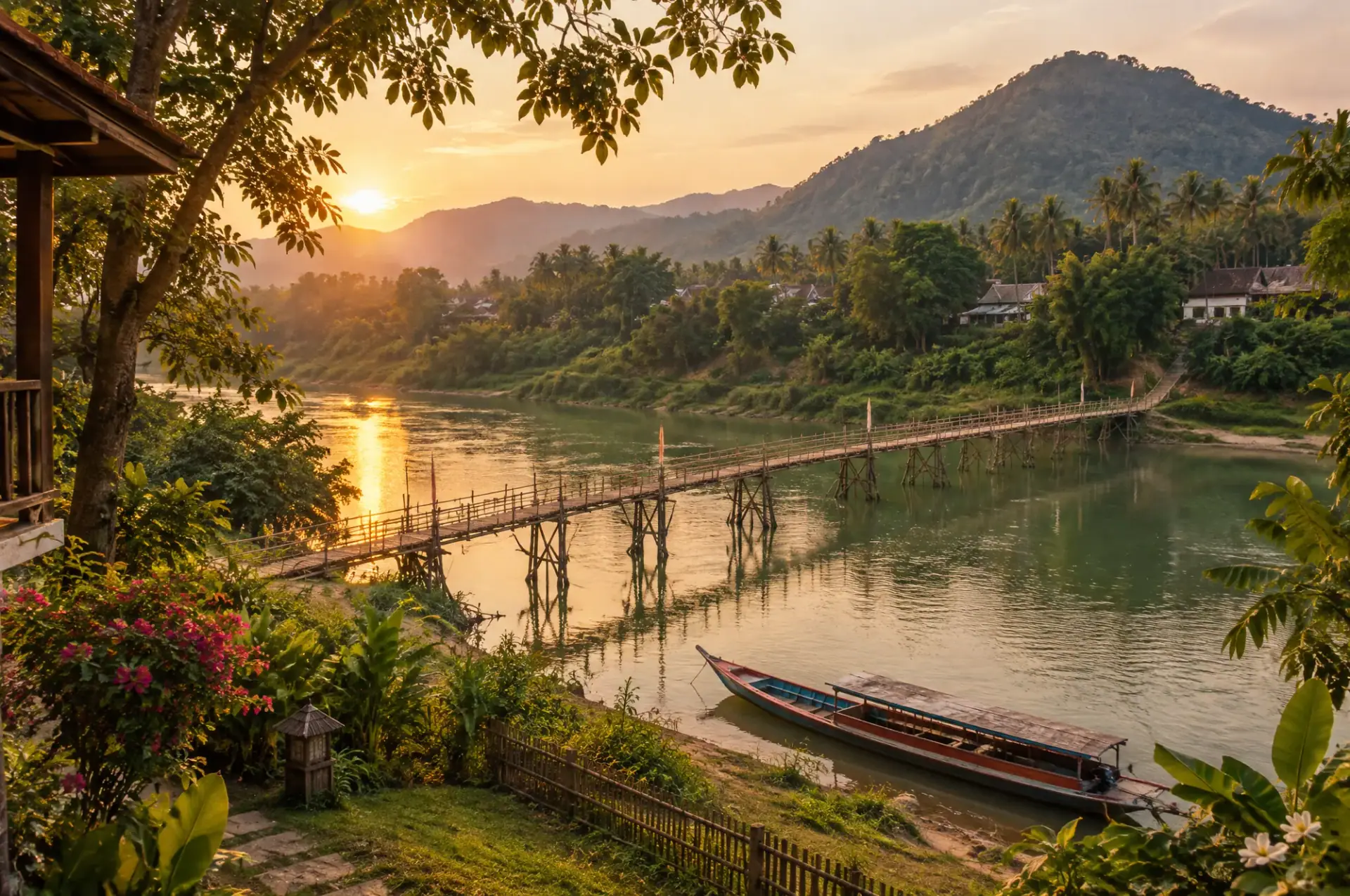 Bamboo bridge over the Nam Khan at golden hour