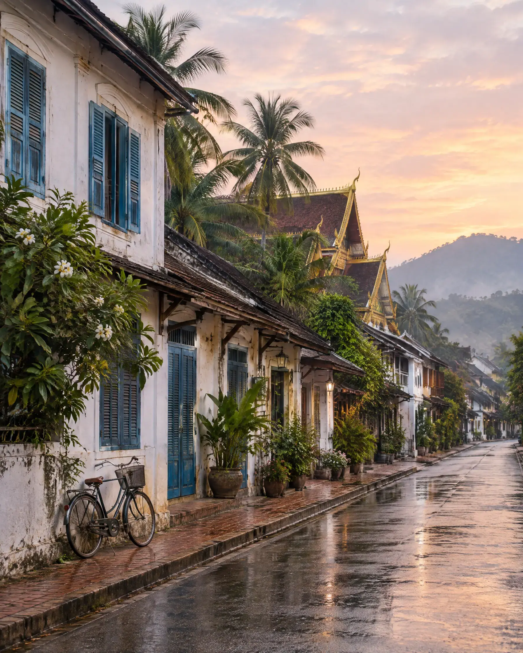 Old town street at dawn with a temple roof behind palm trees