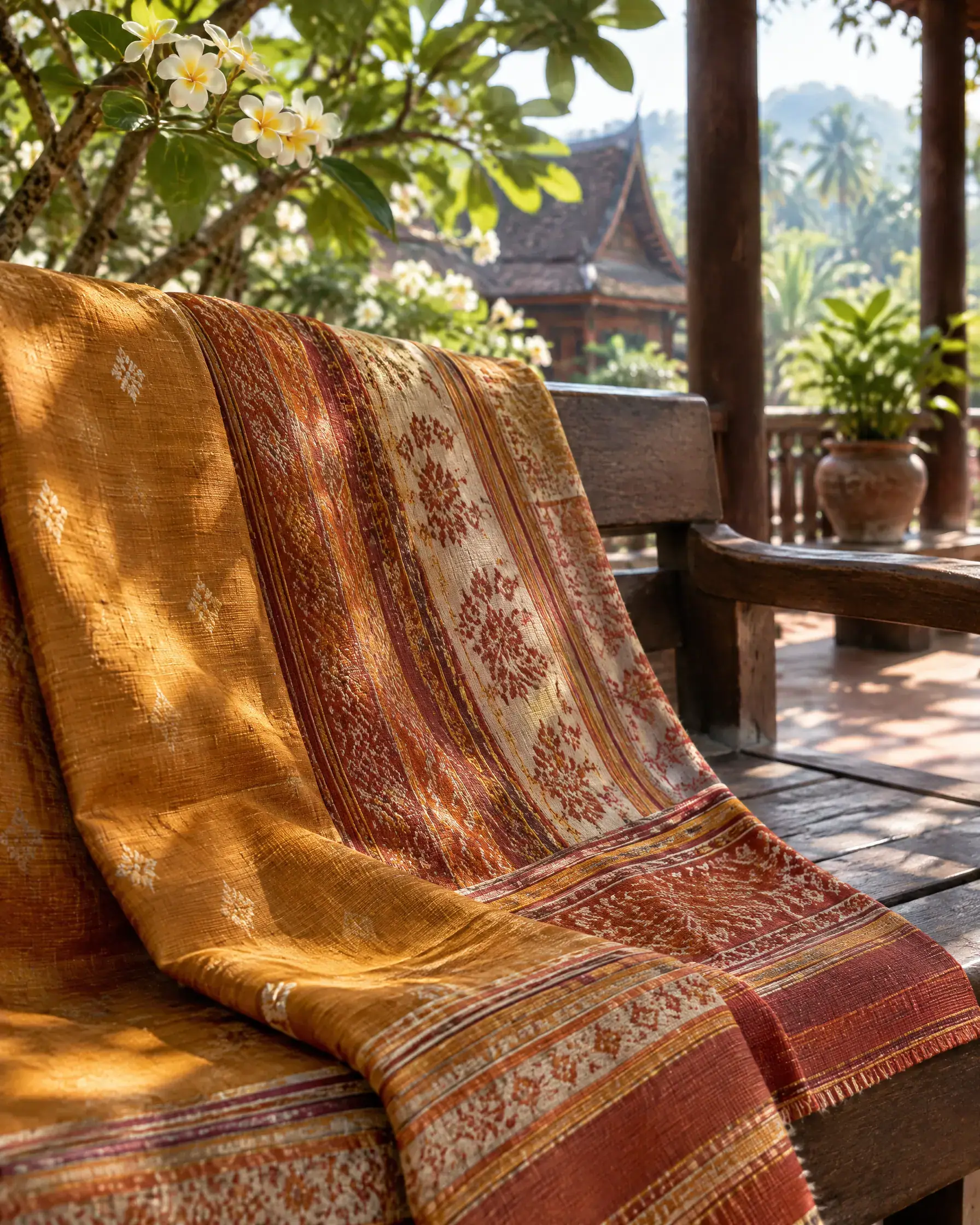 Hand-woven Lao silk on a teak bench